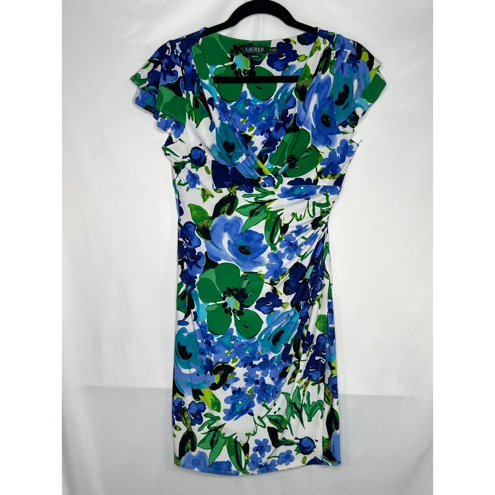 Lauren Ralph Lauren Blue Green Floral Faux Wrap Sheath Dress Size 14